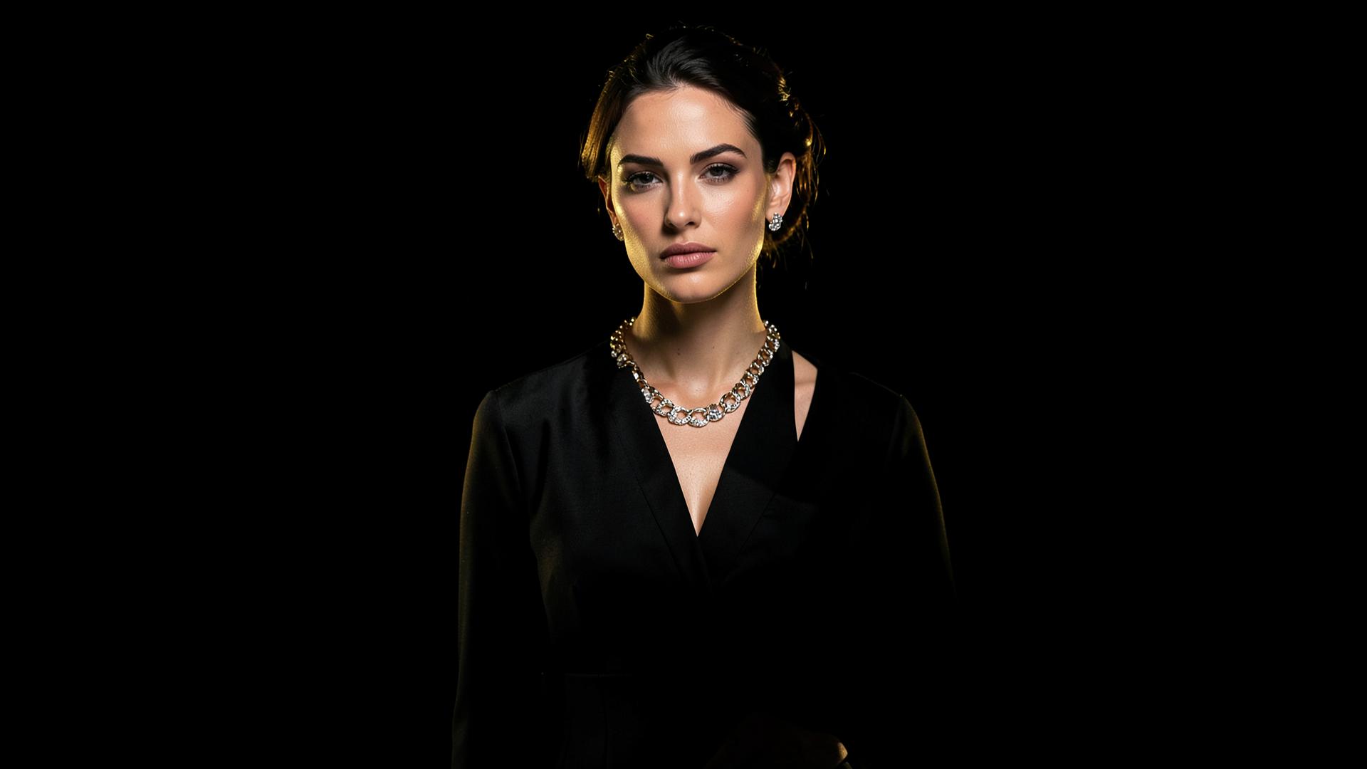 Model wearing a diamond chain and black couture